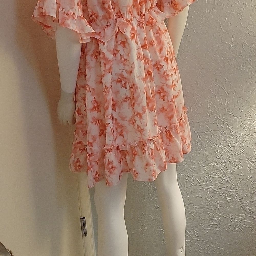 AGQT Flirty Coral Pink Watercolor Ruffle Mini Skater Dress Small - Picture 8 of 9